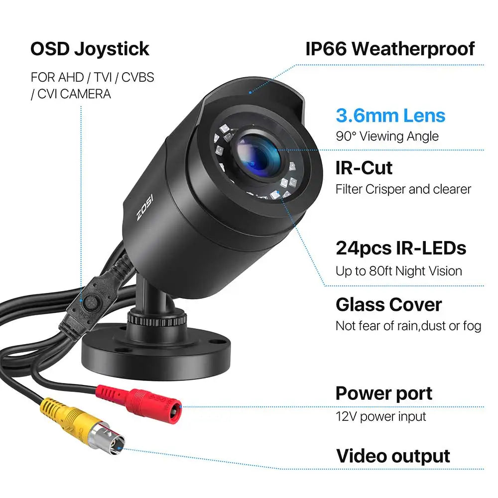 ZOSI 1080P 4-in-1 CCTV ,3.6mm Lens 24 IR LEDs,80ft Night Vision ,Outdoor Wheatherproof Surveillance Camera