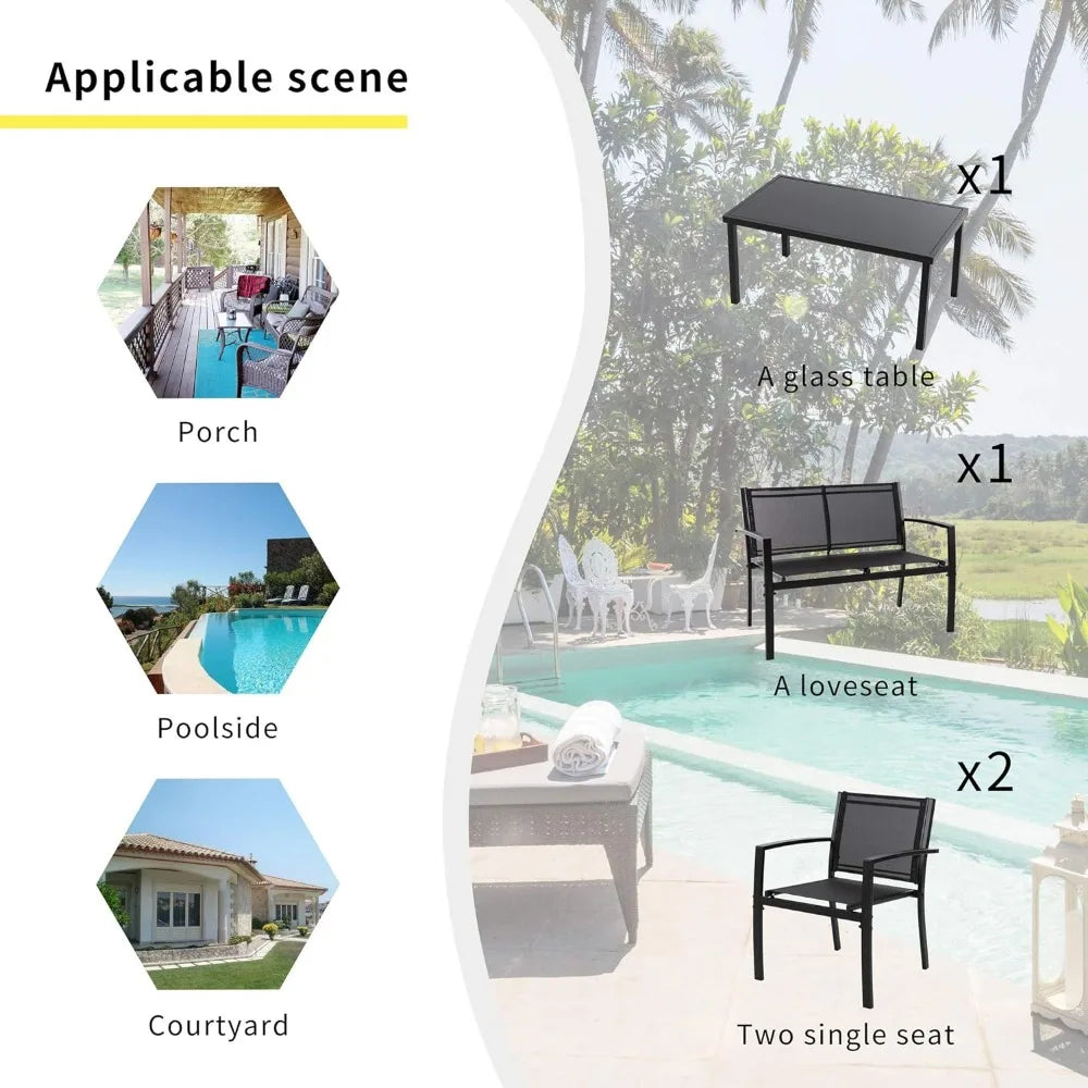 Shintenchi 4 Pieces Outdoor Patio Furniture Set All Weather Textile Fabric with Glass Coffee Table, Loveseat, 2 Single Chairs