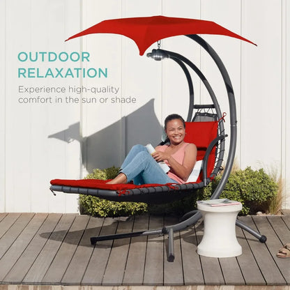 Outdoor Hanging Curved Steel All Weather Chaise Lounge Chair,Built-in Pillow and Removable Canopy