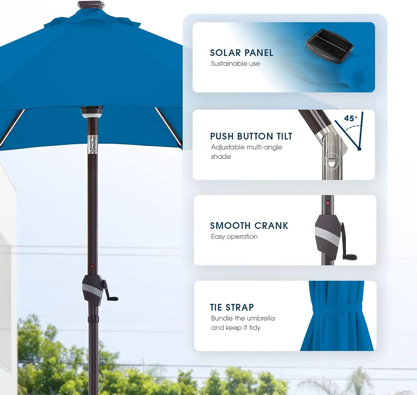 BLUU MAPLE 9 FT Outdoor Solar Patio Umbrella with 16 LED Strip Lights & Hub Light, Aluminum Frame, 3 YEARS Fade Resistance & UV Protection Fabric