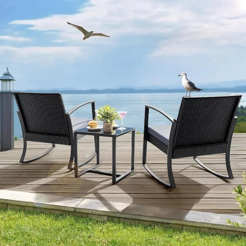 Homall Outdoor 3 Piece Furniture Set, 2 Rocking Patio Chairs with Cushions and Table for Porch, Poolside