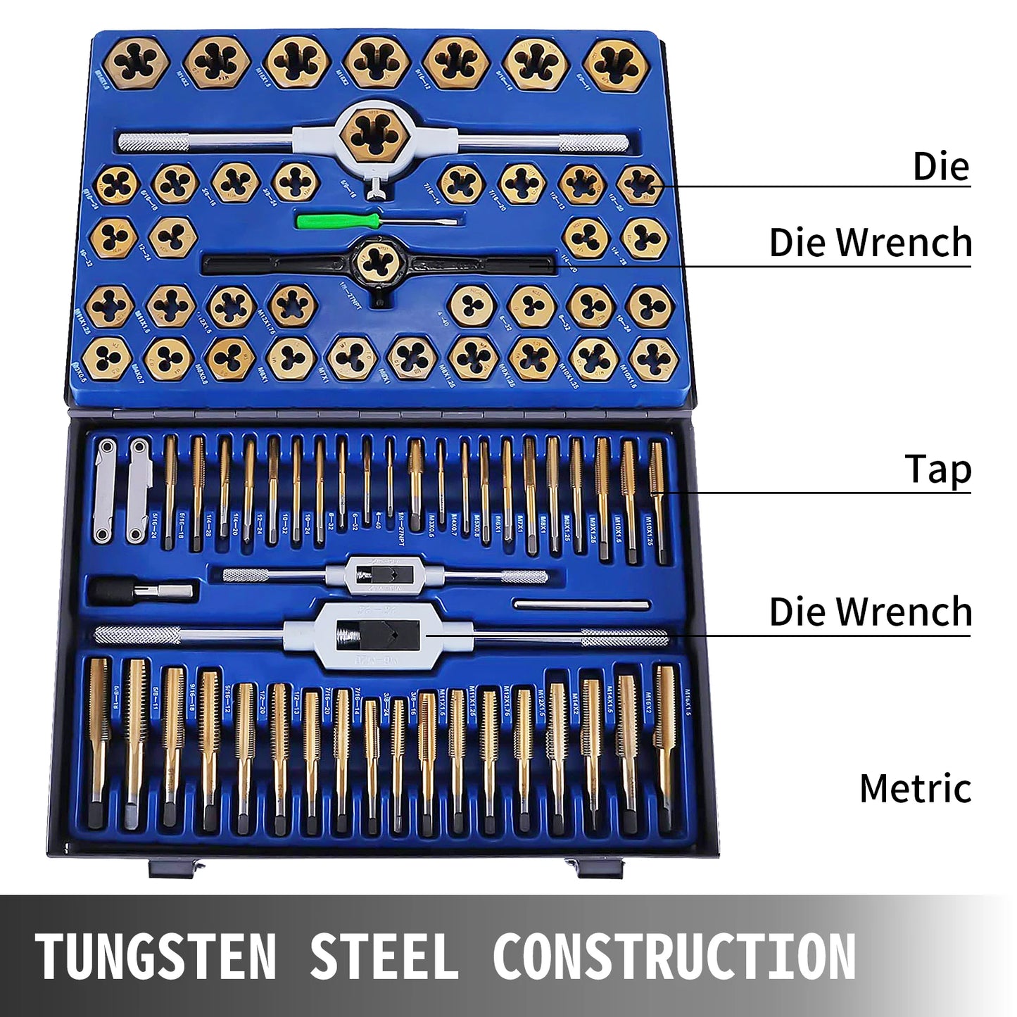 Tap and Die Set 86PCS Tungsten Steel Titanium Hand Threading Tool with Wrench Screwdriver for Repairing Cutting