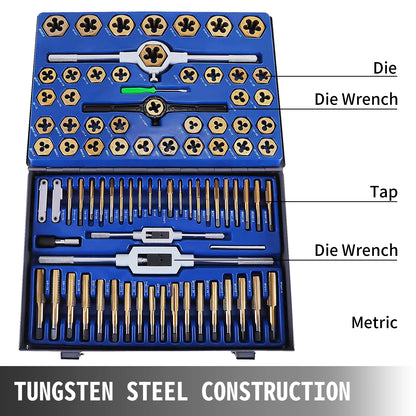 Tap and Die Set 86PCS Tungsten Steel Titanium Hand Threading Tool with Wrench Screwdriver for Repairing Cutting