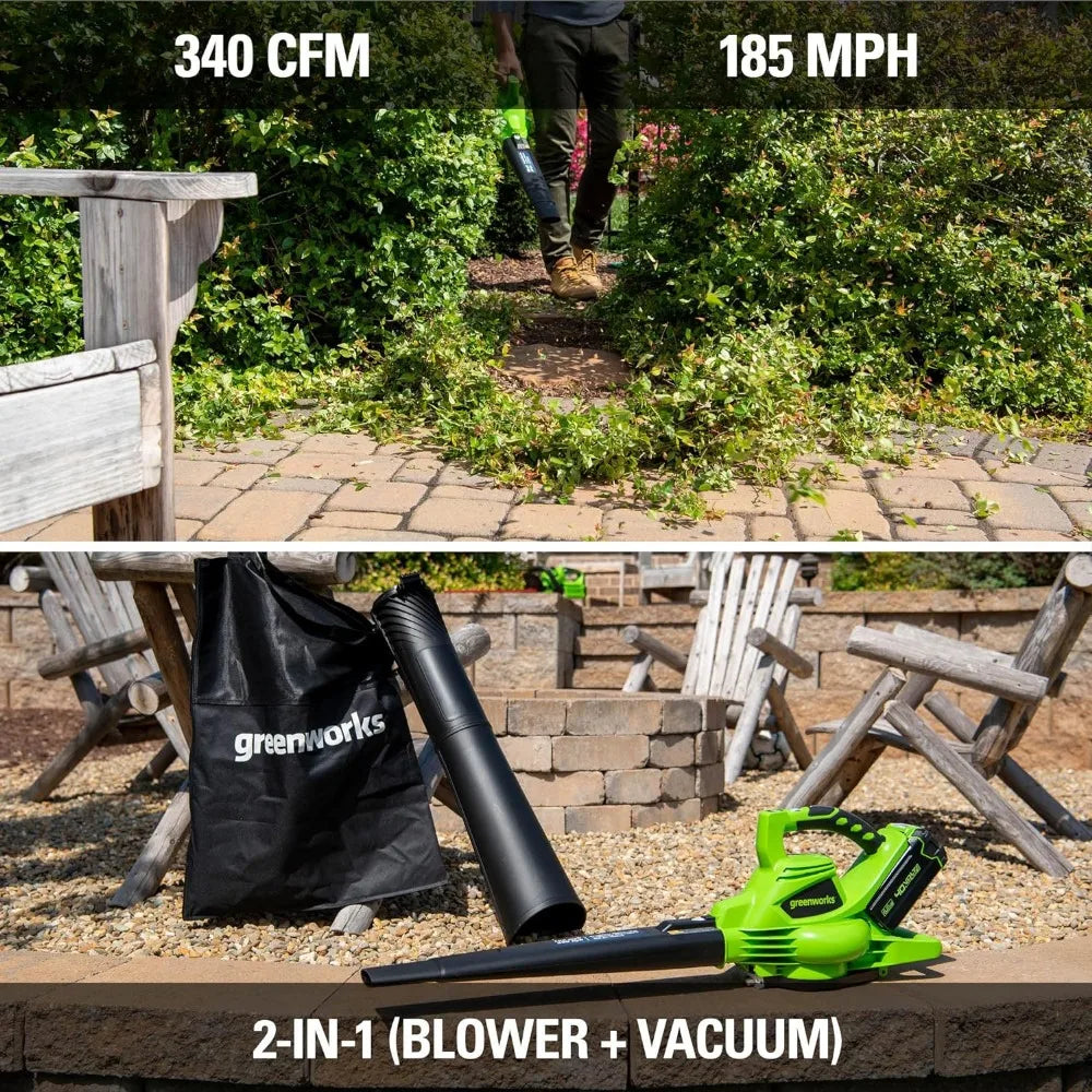 Greenworks 40V (185 MPH / 340 CFM / 75+ Compatible Tools) Cordless Brushless Leaf Blower / Vacuum, 4.0Ah Battery and Charger Included