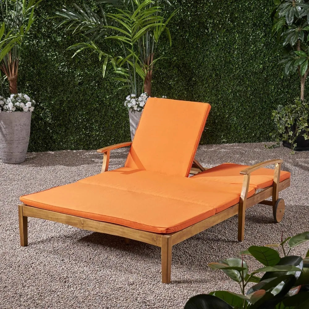 Folding Teak Finish With Orange Cushions Samantha Double Chaise Lounge Chair