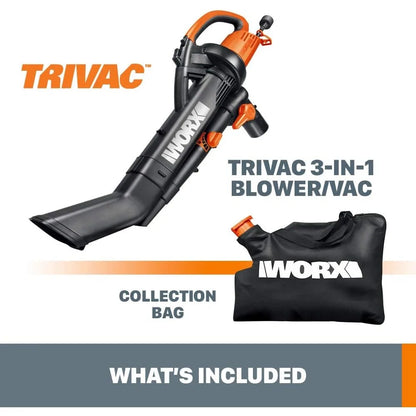 Worx WG505 TRIVAC 12 Amp 3-in-1 Electric Leaf Blower/Leaf Vacuum/Mulcher, Metal Impeller for Fine Mulching