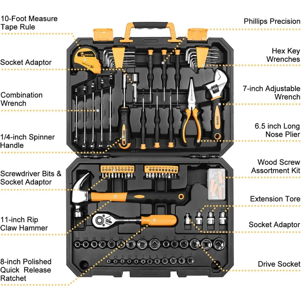 DEKOPRO 128 Piece Tool Set with Plastic Toolbox Storage Case