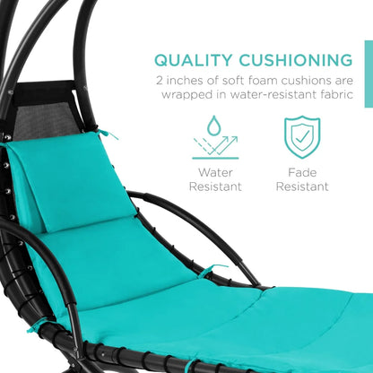 Outdoor Hanging Curved Steel All Weather Chaise Lounge Chair,Built-in Pillow and Removable Canopy