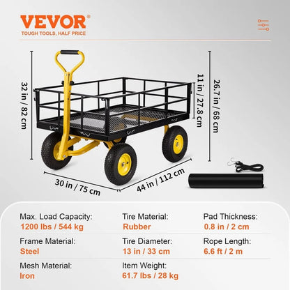 1200 Lbs. Capacity Foldable Metal Utility Wagon With 2-in-1 Handle and 13 in Tires