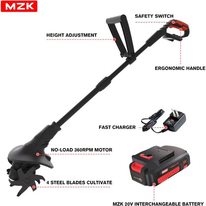 MZK 20V Cordless Tiller Cultivator with 24 Steel Tines,7.8-inch Wide Battery Powered Mini Tiller