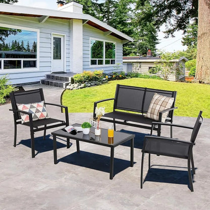 Shintenchi 4 Pieces Outdoor Patio Furniture Set All Weather Textile Fabric with Glass Coffee Table, Loveseat, 2 Single Chairs