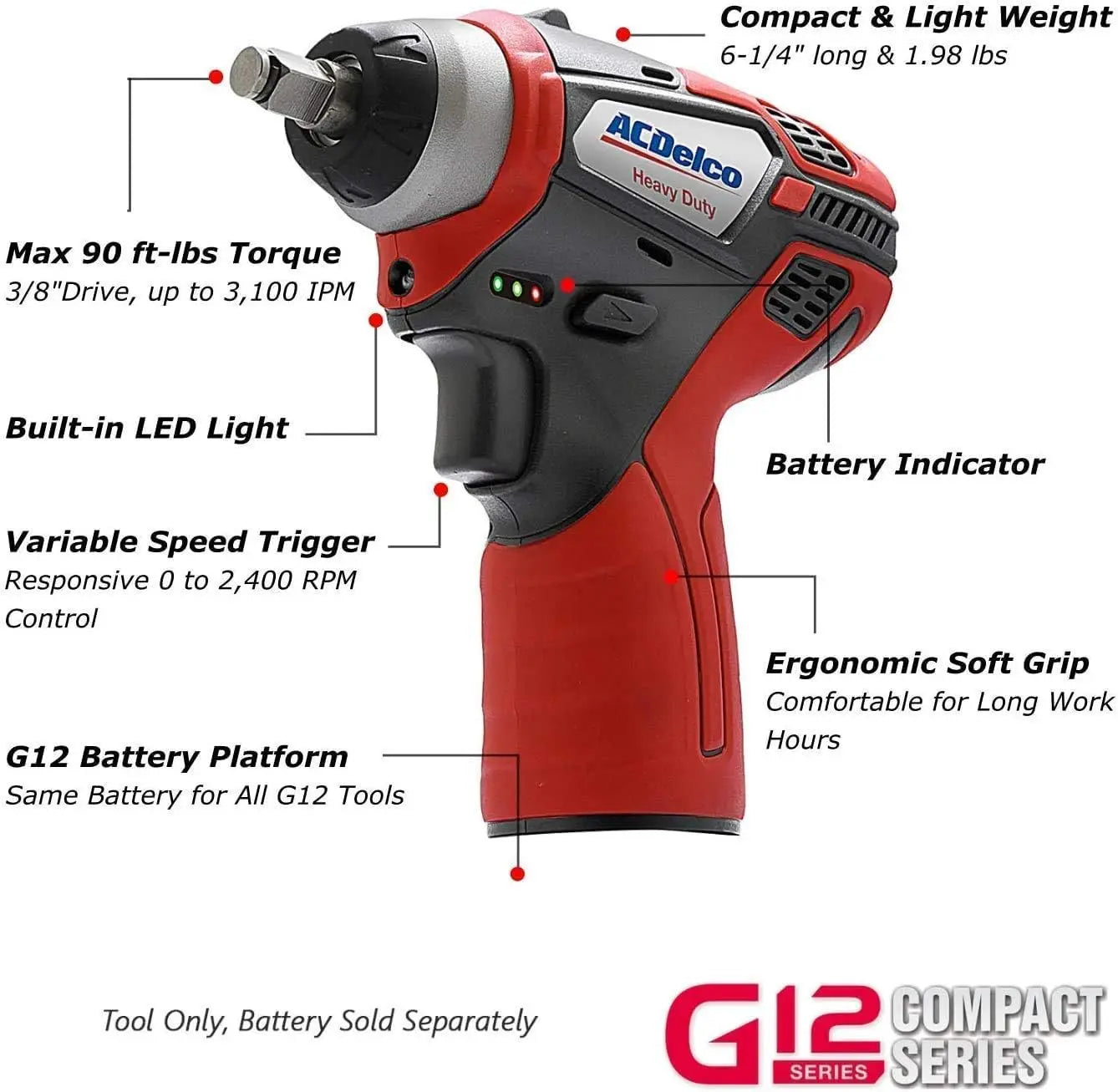 ACDelco ARW12103-K1 G12 Series 12V Cordless Li-ion 3/8” Brushless Ratchet Wrench & Impact Wrench Combo Tool Kit with 2 Batteries