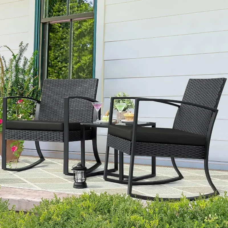 Homall Outdoor 3 Piece Furniture Set, 2 Rocking Patio Chairs with Cushions and Table for Porch, Poolside