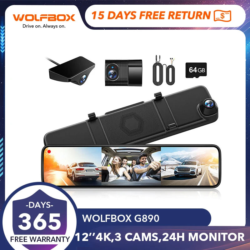 Wolfbox G890 3 Channel Mirror Dash Cam 12" Full HD Rear View Mirror Camera  Touch Screen Backup Camera Car Dvr with GPS Parking