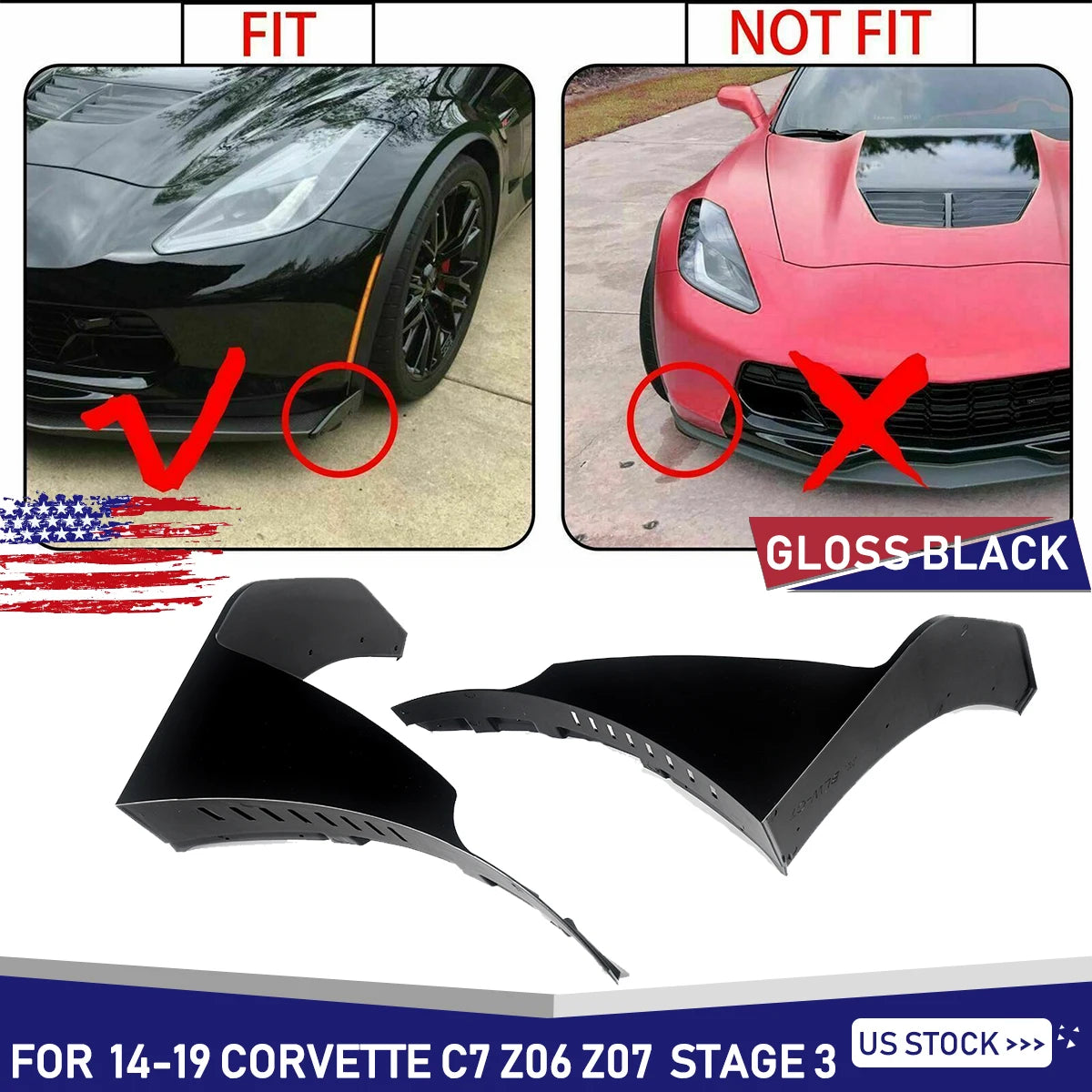 2014-2019 Chevy Corvette C7 Z06 Stage 3 Glossy Black Front Splitter Winglet Extension