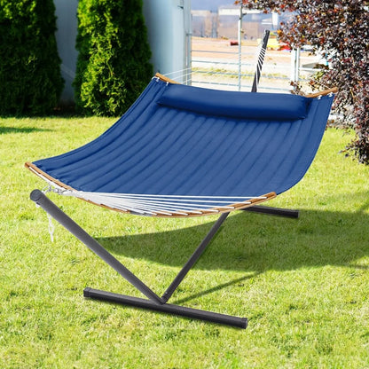 2 Person Heavy Duty Curved-Bar Hammock with Stand, Detachable Pillow, Navy Blue