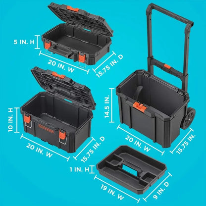 3 Piece Stackable Storage Organzier Set with Toolbox Rolling Tote