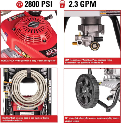 Simpson Cleaning 2800 PSI Gas Pressure Washer, 2.3 GPM,  Includes Spray Gun and Extension Wand, 4 QC Nozzle Tips, 1/4-in. x 25-ft. MorFlex Hose