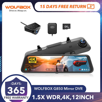 WOLFBOX G850 Front and Rear 4K Dash Cam WDR 1080P Car Dvr GPS Night Vision 24H Parking