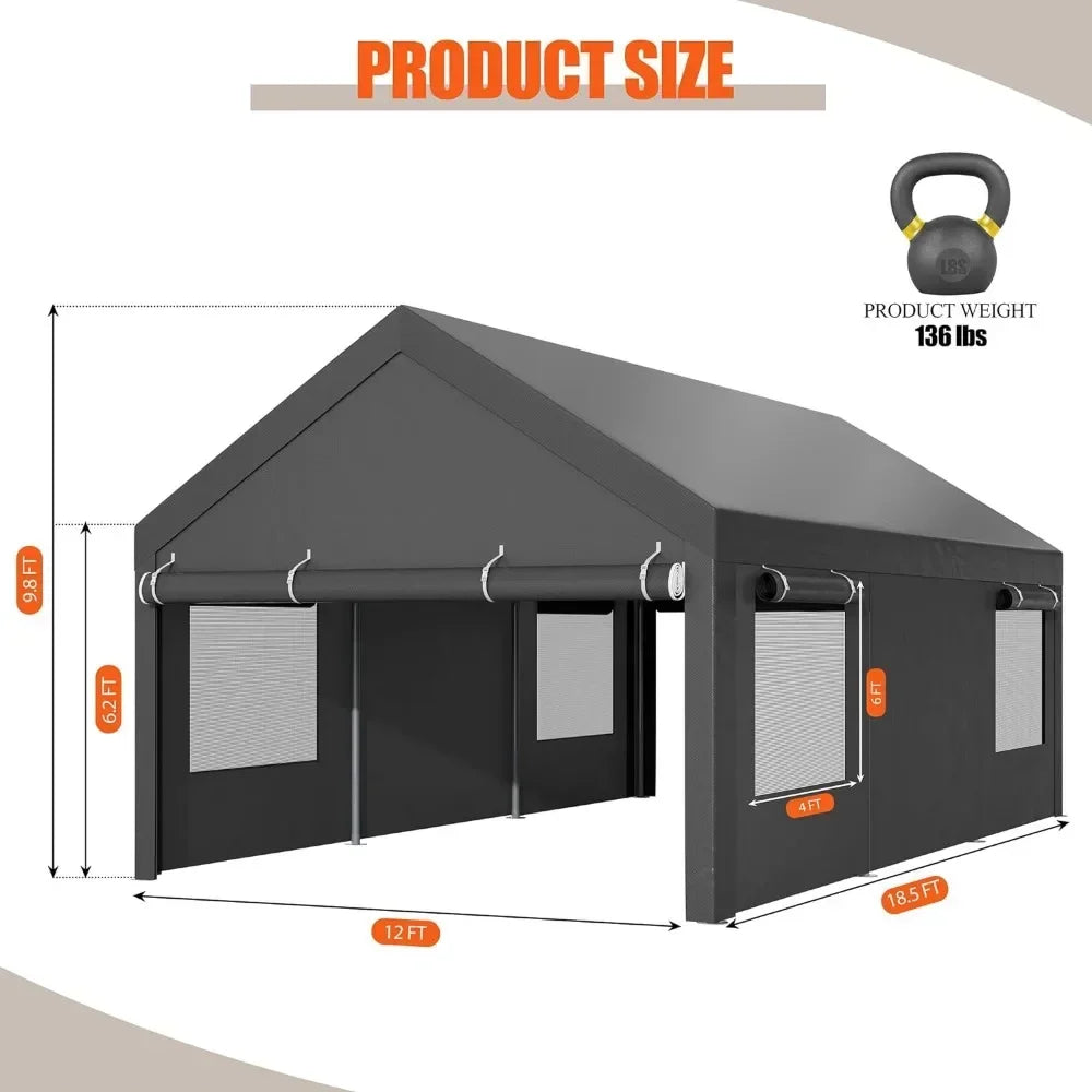 JAMFLY Carport, 12x18.5 ft Heavy Duty Carport Canopy with Roll-up Windows, Portable Garage with Removable Sidewalls & Doors