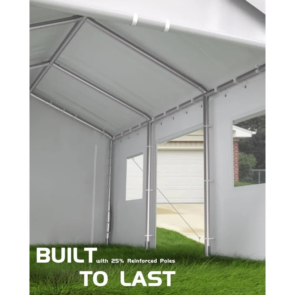 20'x13'x11 Ft. Carport Heavy Duty 8 Reinforced Leg Bars & 14 Mil PE Canopy With 4 Roller Shutter Doors & Ventilation Windows, White