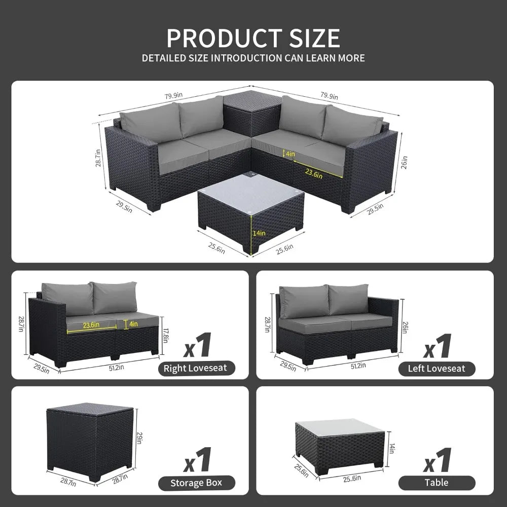 Garden Outdoor Furniture Set 4 Piece Black Rattan Sectional Loveseat Couch Conversation Sofa Storage Glass Table