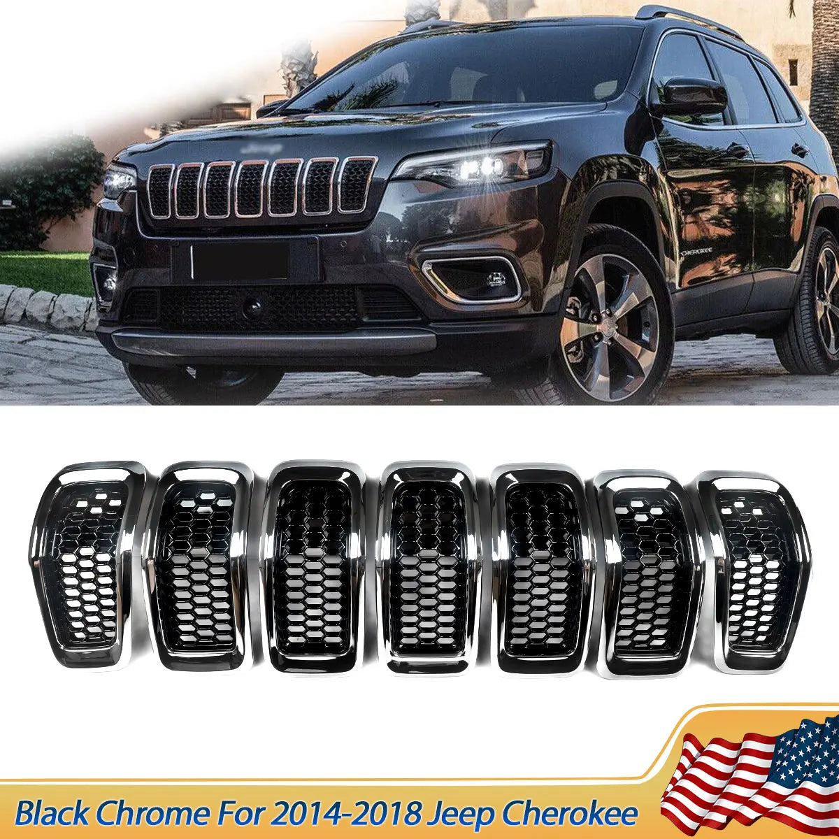 2014-18 Jeep Cherokee Black Mesh Honeycomb Chrome Ring Front Grille Inserts