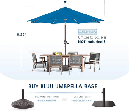 BLUU MAPLE 9 FT Outdoor Solar Patio Umbrella with 16 LED Strip Lights & Hub Light, Aluminum Frame, 3 YEARS Fade Resistance & UV Protection Fabric