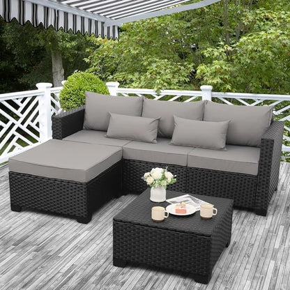 Rattaner 3 Piece Outdoor Sectional Wicker Patio Furniture Couch with Ottoman and Outdoor Storage Table All-Weather Anti-slip Cushions Waterproof Covers, Grey