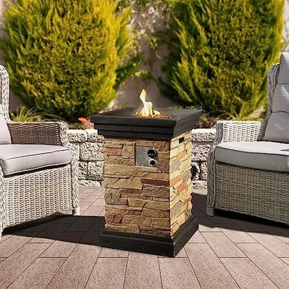 40,000 BTU Square Slate Rock Look Steel Outdoor Pillar Propane Gas Fire Pit