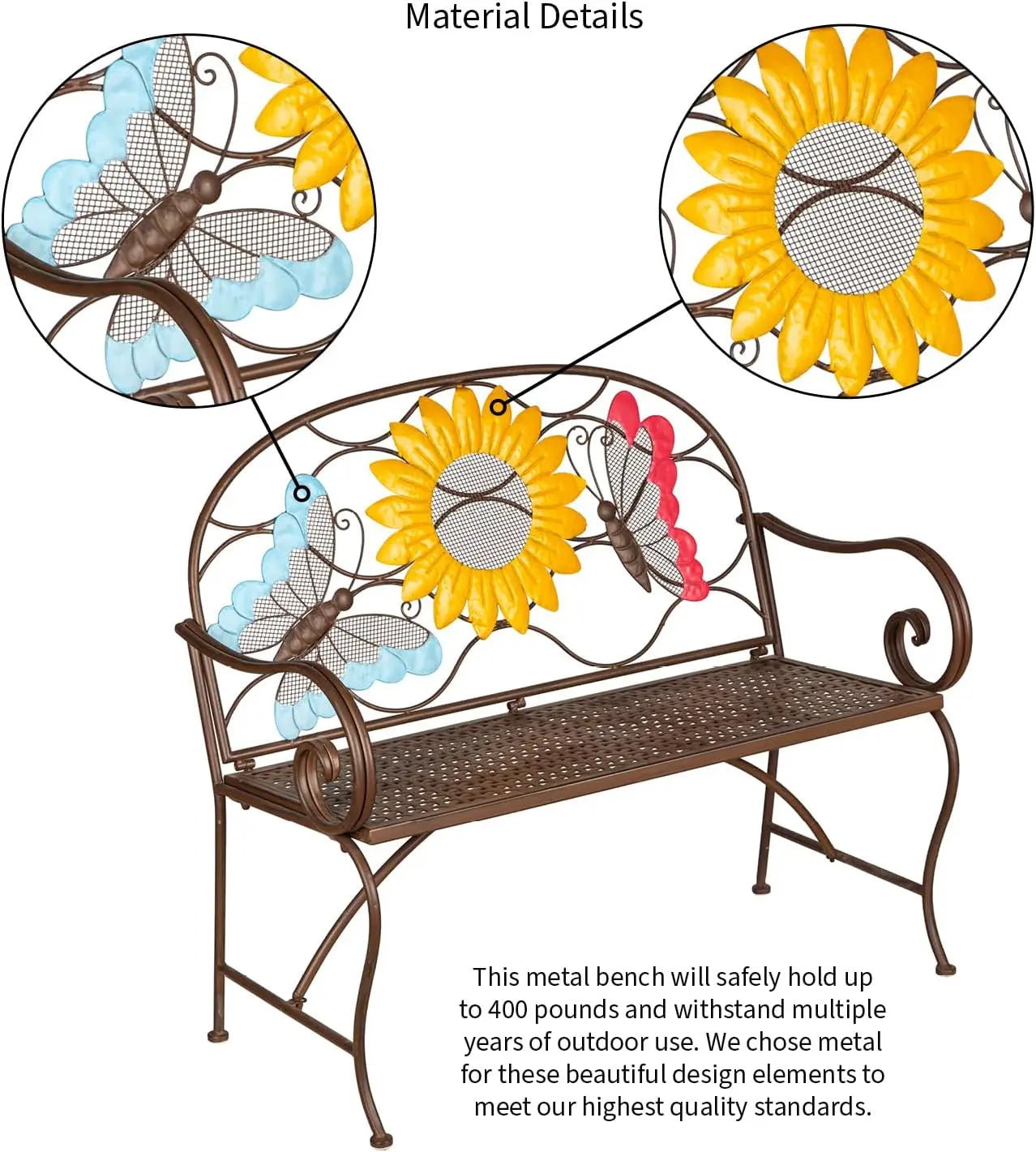 Evergreen Weatherproof Sunflower with Butterflies Outdoor Bench, Holds Up to 400 lbs