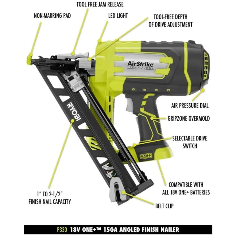 Ryobi P330 18V ONE+ Angled 15 Ga Finish Nailer Battery and Charger Not Included