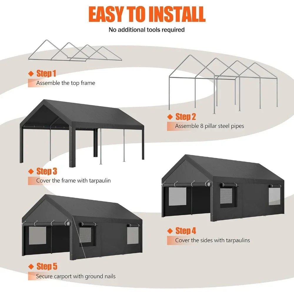 JAMFLY Carport, 12x18.5 ft Heavy Duty Carport Canopy with Roll-up Windows, Portable Garage with Removable Sidewalls & Doors