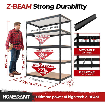 HOMEDANT Z-beam 5 Tier Laminated Heavy Duty Garage Storage Adjustable Wide Size Metal Shelving Unit Utility Rack Shelves