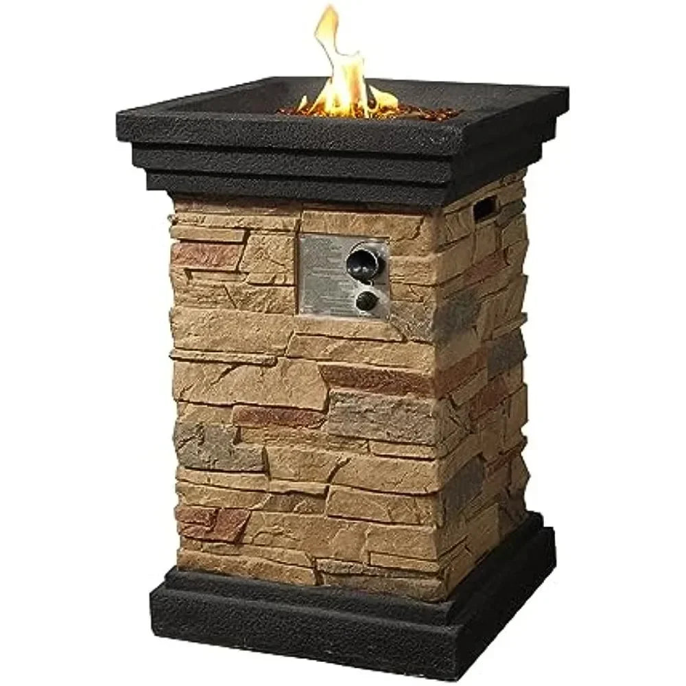 40,000 BTU Square Slate Rock Look Steel Outdoor Pillar Propane Gas Fire Pit