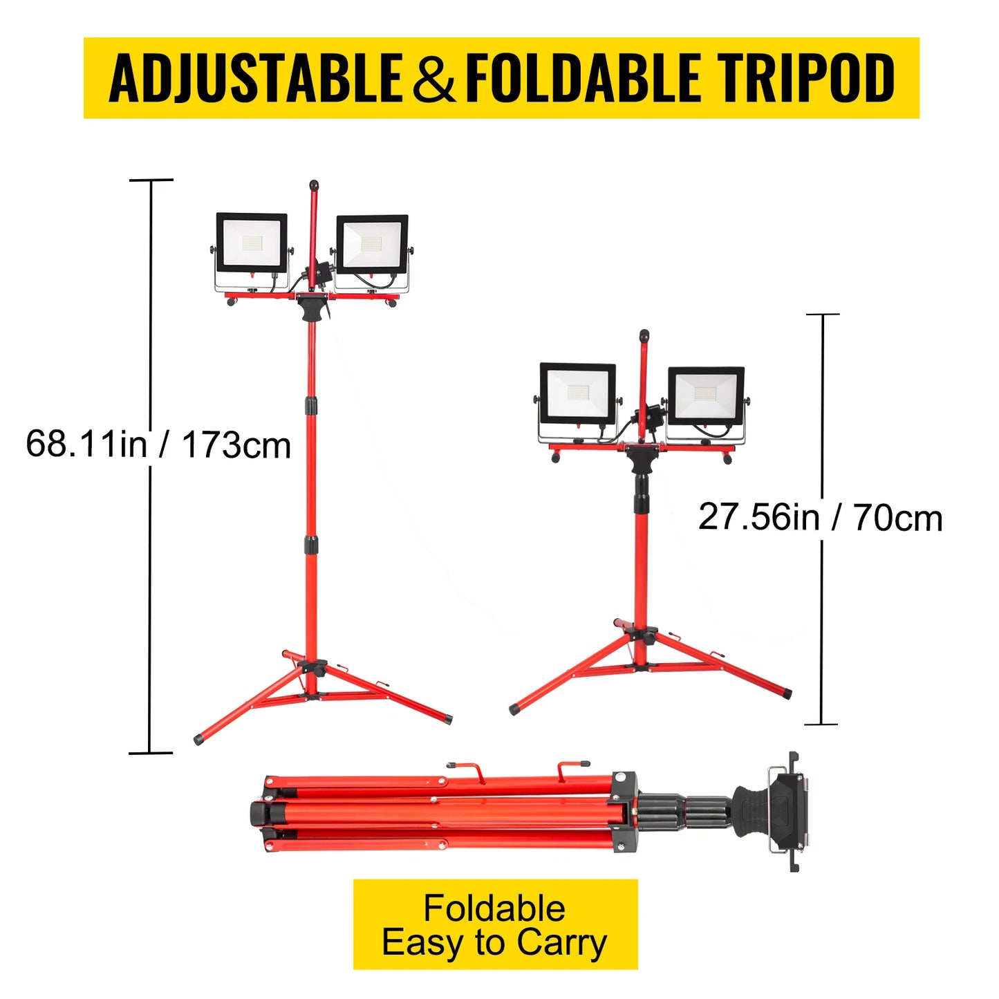 LED 5000 Lumen Dual-head LED Tripod Work Light w/ 27.6"-68.1" Adjustable & Foldable Stand