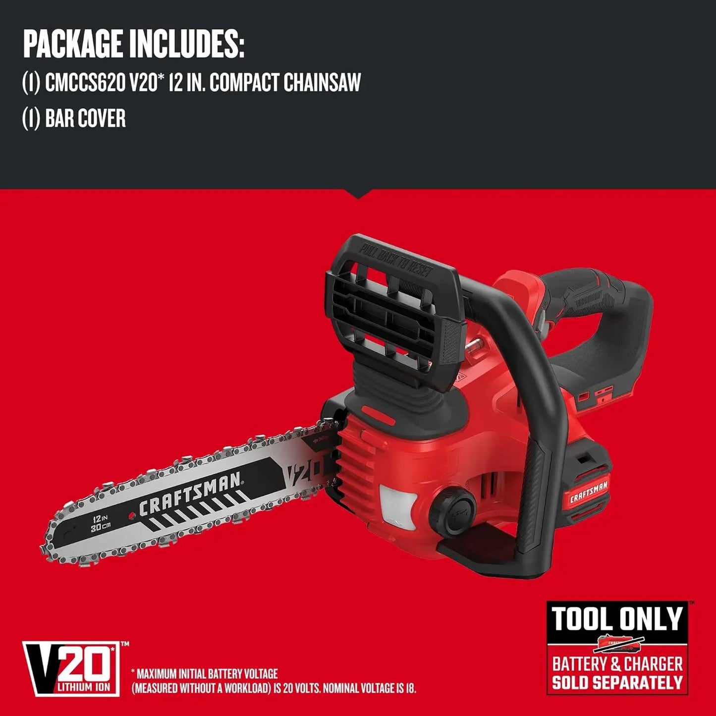 CRAFTSMAN V20 Mini Chainsaw, Cordless, 12 inch, Bare Tool Only (CMCCS620B)