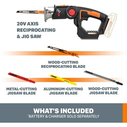 WORX WX550L.9 20V Power Share Axis Cordless Reciprocating & Jig Saw (Tool Only)