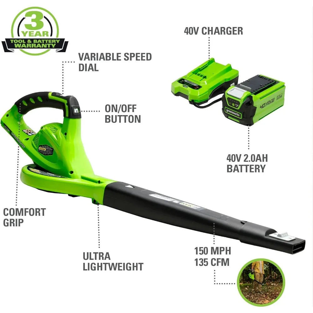 Greenworks 40V (150 MPH / 130 CFM) Cordless Leaf Blower, 2.0Ah Battery and Charger Included