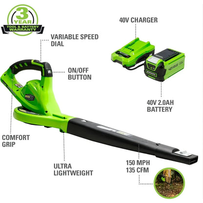 Greenworks 40V (150 MPH / 130 CFM) Cordless Leaf Blower, 2.0Ah Battery and Charger Included