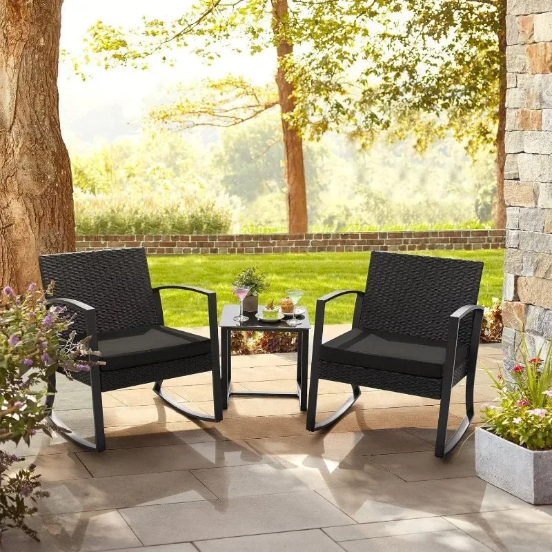 Homall Outdoor 3 Piece Furniture Set, 2 Rocking Patio Chairs with Cushions and Table for Porch, Poolside