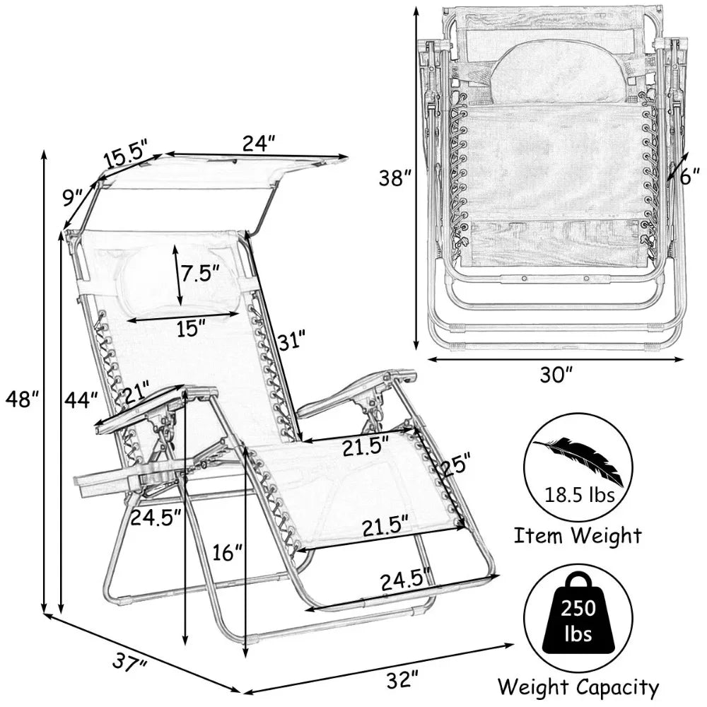 Outdoor Folding Reclining Canopy Cup Holder, Beach Chair