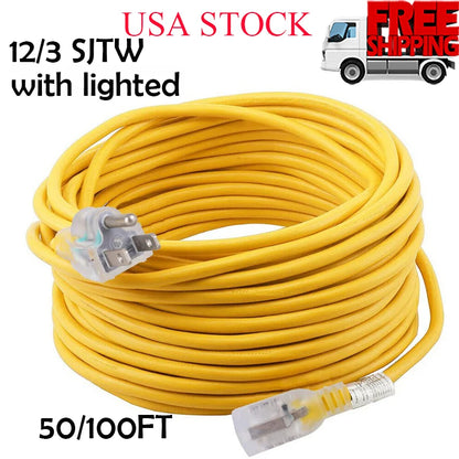 50/100FT Electric Extension Power Cord LED Lighted 3-prong Plug