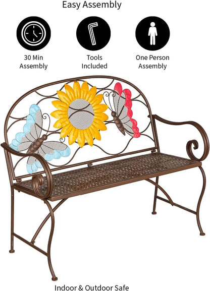 Evergreen Weatherproof Sunflower with Butterflies Outdoor Bench, Holds Up to 400 lbs