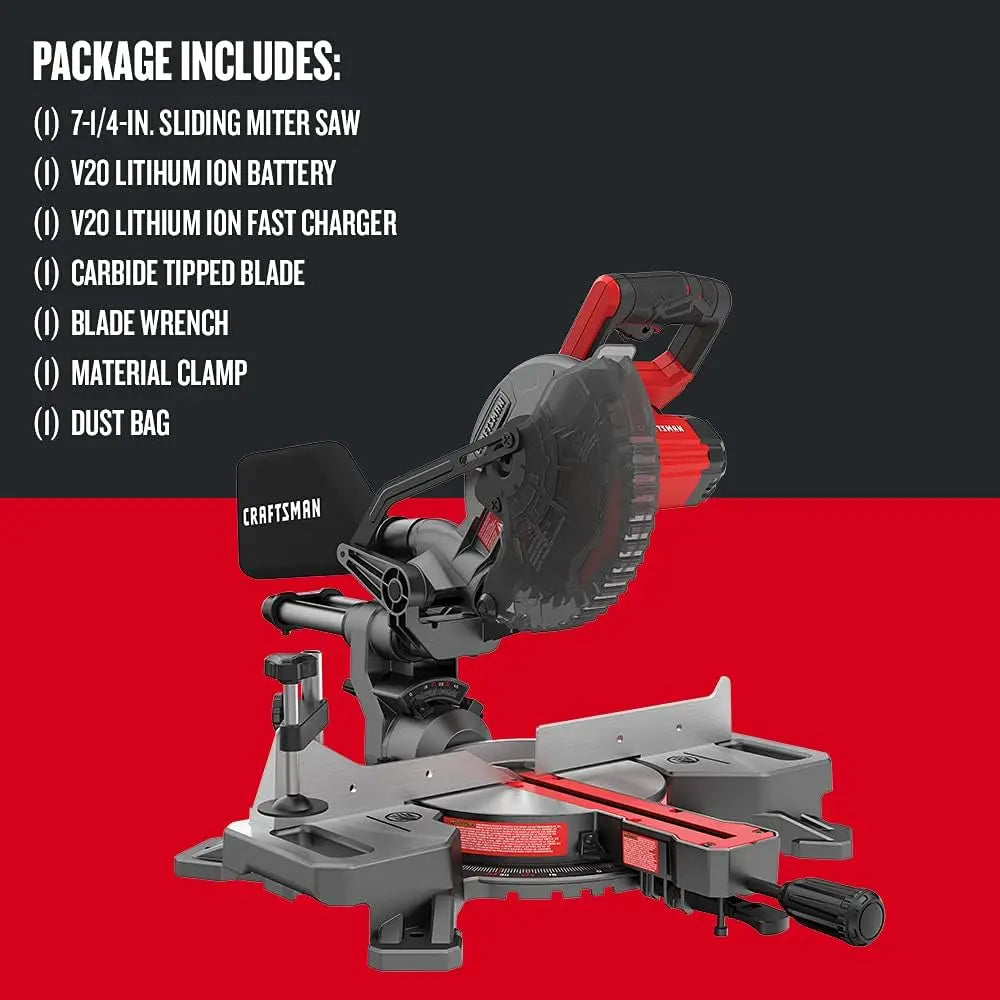 CRAFTSMAN V20 Cordless Sliding Miter Saw, 7-1/4 inch, Single Bevel, Battery and Charger Included (CMCS714M1)