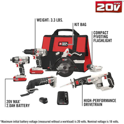 Porter-Cable 20V MAX* Cordless Drill Combo Kit, 6-Tool (PCCK617L6)