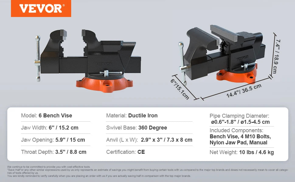 Bench Vise 4.5" 6" 6.5" Multipurpose with Swivel Base & Anvil