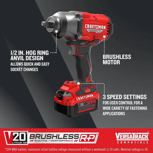 Craftsman V20 RP Impact Wrench Cordless Brushless High Torque 1/2 Inch, 4Ah Battery and Charger Included (CMCF940M1)