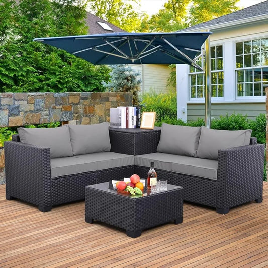 Garden Outdoor Furniture Set 4 Piece Black Rattan Sectional Loveseat Couch Conversation Sofa Storage Glass Table