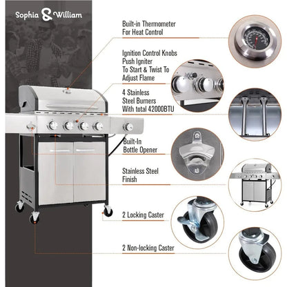 Captiva Designs 4/6-Burner Gas Propane Stainless Steel BBQ Grill Side Burner and Porcelain-Enameled Cast Iron Grates